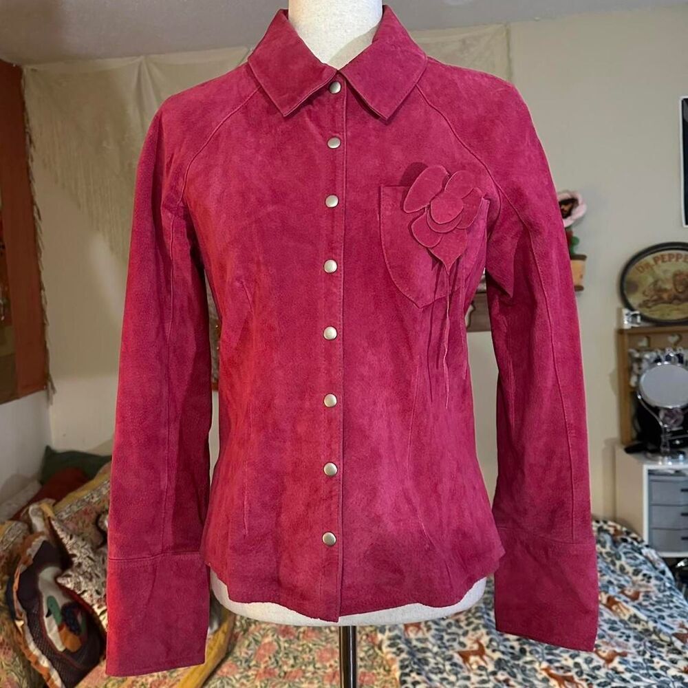 Aria Bright Magenta 80s Rosette 100% Suede Leather Jacket